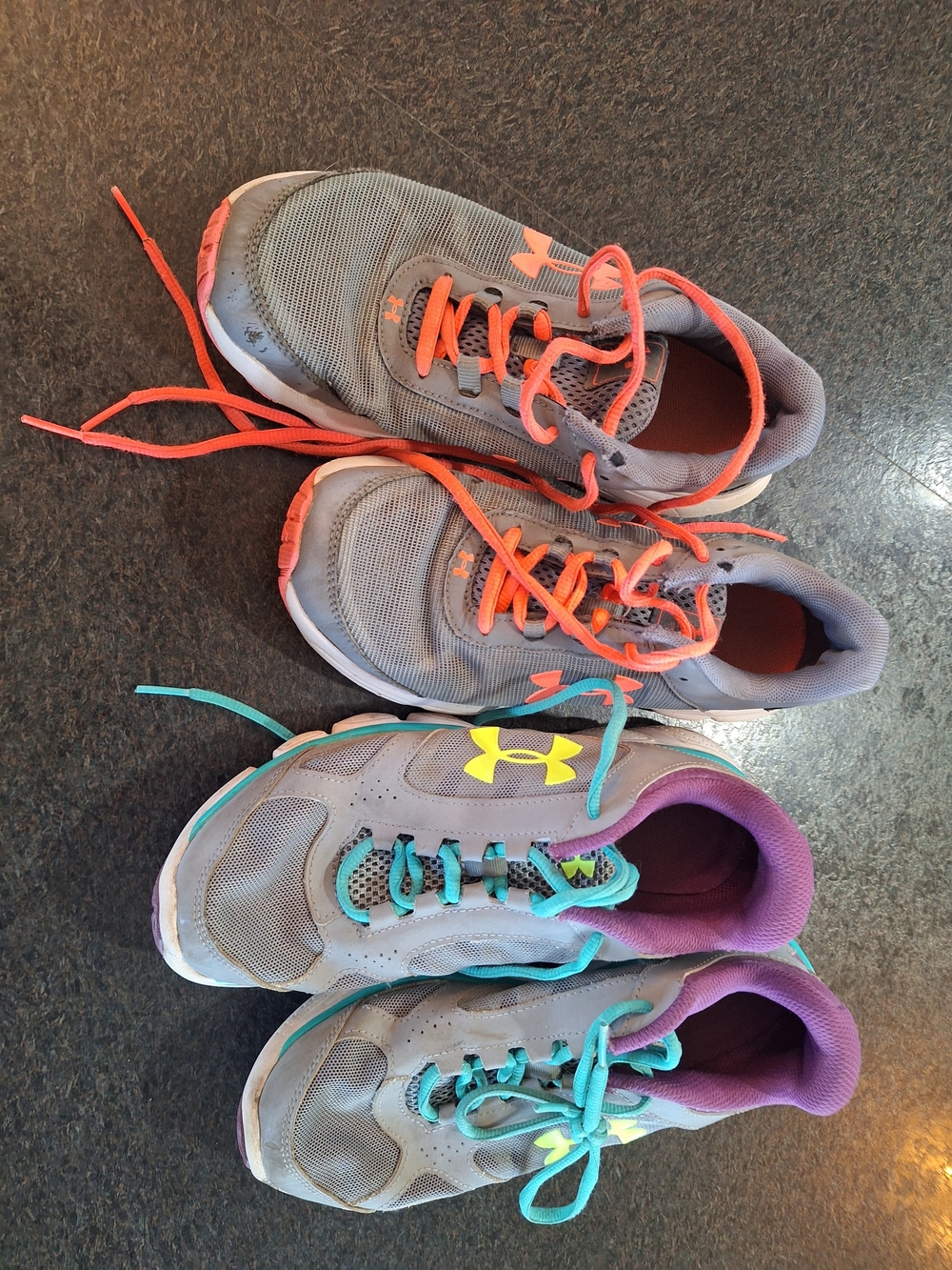 Under Armour Kids Gray Sneakers with Neon Orange and Teal Accents